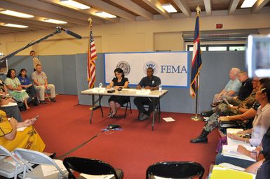 Earthquake ^ Flooding ^ Tsunami - Pago Pago, American Samoa, November 6, 2009 -- Evelyn Langford, governor's authorized representative, and Kenneth R. Tingman, federal coordinating officer, conduct a news media conference at the Joint Field Office to discuss recovery progress since the earthquake, tsunami and flooding of September 29, 2009. Tingman praised the close cooperation that FEMA and its federal partners have received from the territorial government of American Samoa.