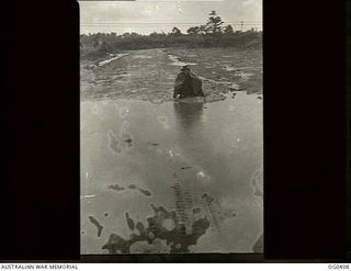 KIRIWINA, TROBRIAND ISLANDS, PAPUA. 1943-11-12. LEADING AIRCRAFTMAN K. W. BRYANT OF PORT MELBOURNE, VIC, A WIRELESS MECHANIC, REPAIRING THE TELEPHONE LINE IN HEAVY RAIN