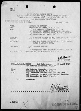 VMF-122 - ACA Report #59 - Bombing & strafing targets int he Yap Area, Carolines, 4/20/45