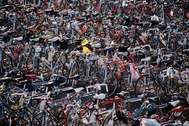 Hundreds of bicycles line a lot the day before the bicycle race, part of the 1987 Ironman Competition