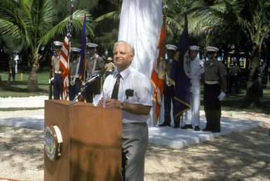 Mr. Paul Witek speaks on behalf of his brother, Private First Class Frank Witek (PFC), during Congressional Medal of Honor Monument dedication ceremony. PFC Witek is among four Marines being honored for their heroism above and beyond the call of duty while fighting the Japanese during World War II. The men are Captain Louis Wilson Jr., Private First Class (PFC) Leonard Mason, and PFC Luther Skaggs