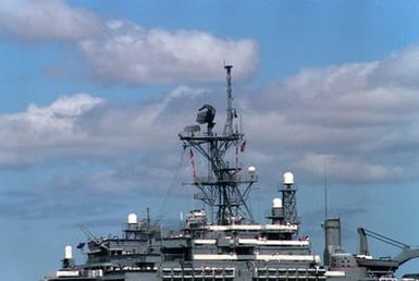 A view of the antenna array of the flagship USS CORONADO (AGF-11), flagship of the Third Fleet.