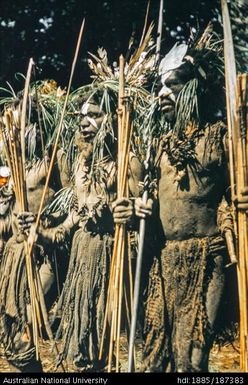 Dancers lined up with spears