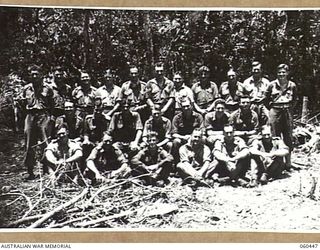 FINSCHHAFEN AREA, NEW GUINEA. 1943-11-07. OFFICERS AND MEN OF HEADQUARTERS, ROYAL AUSTRALIAN ARTILLERY, 9TH AUSTRALIAN DIVISION. THEY ARE LEFT TO RIGHT: FRONT ROW: VX50338 GUNNER J. A. MAYNE; ..