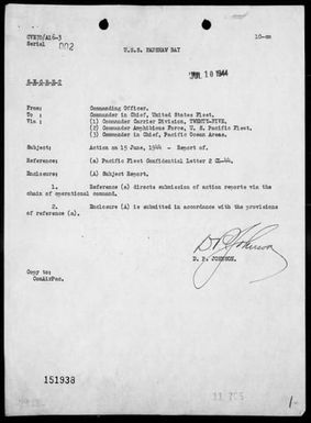 USS FANSHAW BAY - Report of action against enemy aircraft northeast of Saipan Island, Marianas, 6/15/44