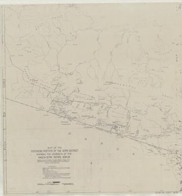 Map of the southern portion of the Sepik District shewing the journeys of the Hagen-Sepik Patrol, 1938-39 / compiled from the field notes of J.L. Taylor, J.R. Black, I.F.G. Downs of the Department of District Services and Native Affairs, and C.B. Walsh of the Public Health Department