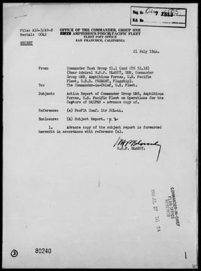 COMTASK-GROUP 51.1 & COMTASK-GROUP 51.18 - Report of Com GR 1, PhibPac, on ops for the capture of Saipan Is, Marianas during period 5/13/44 to 7/5/44