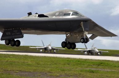 The US Air Force (USAF) B-2 Spirit, Spirit of Kitty Hawk, Whiteman Air Force Base (AFB), Missouri (MO), arrives at Andersen AFB, Guam, for Operation CORONET DRAGON 49. The forward deployment exercise features the Spirit and provides training for the pilots and crewmembers of Whiteman AFB