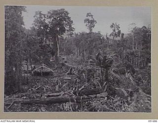 SORAKEN AREA, BOUGAINVILLE. 1945-05-04. THE AUSTRALIAN NEW GUINEA ADMINISTRATIVE UNIT CAMP BESIDE A SECTION OF THE EAST WEST TRAIL WHICH ALTHOUGH NOT YET COMPLETE IS ALREADY BEING USED. THE ROAD, ..