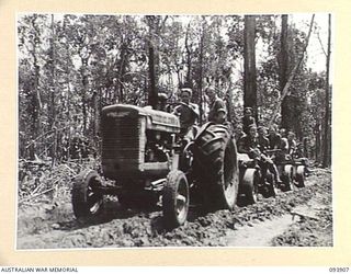 BOUGAINVILLE, 1945-07-12. A 29 INFANTRY BRIGADE TRACTOR TRAIN. IT CONSISTS OF A NEW LIGHT TYPE RUBBER TYRED TRACTOR TO WHICH JEEP TRAILERS ARE ATTACHED. THESE TRACTOR TRAINS OPERATE UP TO FORWARD ..