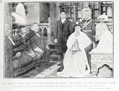 The recent coronation of Queen Salote of Tonga: the Queen in the coronation chair
