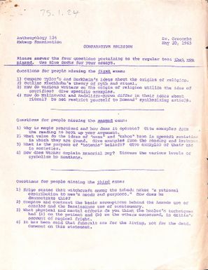 Anthropolgy 124 Comparative religion. Make up examination