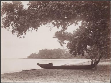 Two men standing next to a canoe on a Maravovo beach, Guadalcanar, Solomon Islands, 1906 / J.W. Beattie