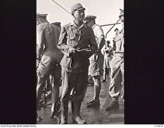 OFF KAHILI POINT, BOUGAINVILLE. 1945-09-07. THE JAPANESE SURRENDER ENVOY ON BOARD THE RAN FRIGATE, HMAS DIAMANTINA, WITH A MESSAGE FROM HIS COMMANDER, LIEUTENANT-GENERAL M. KANDA, COMMANDER, 17TH ..