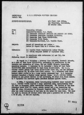 USS Stephen Potter - Rep of Ops in the Palau, Caroline, & Philippine Is Area, 8/30/44 - 10/6/44