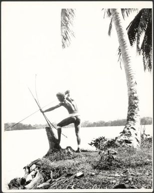Ramu man aiming bow and arrow into a river, Ramu River, New Guinea, 1935, 2 / Sarah Chinnery