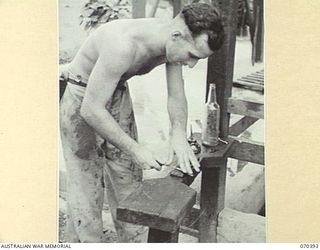 MILNE BAY, NEW GUINEA, 1944-02-12. VX118282 PRIVATE W.R. ROSS, OF NO.1 PLATOON, 2/1ST FIELD BUTCHERY COMPANY, SHARPENING HIS KNIFE BEFORE SLAUGHTERING SHEEP