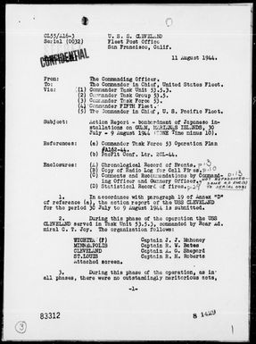 USS CLEVELAND - Report of Bombardments of Japanese installations on Guam Island, Marianas - Period 7/30/44 to 8/9/44