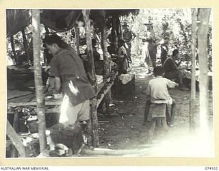 DUGUMUR BAY, NEW GUINEA. 1944-06-16. THE NATIVE QUARTERS USED BY THE JAPANESE TO HOUSE SOME OF THE 90 CHINESE WHICH THEY CAPTURED AT MADANG. THESE CHINESE WERE USED BY THE JAPANESE TO WORK A LARGE ..