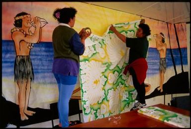 Terai William and Lucy Papa decorate hall in preparation for hair-cutting ceremony, Mangere, Auckland