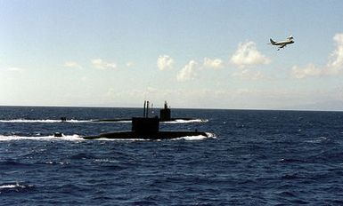 As the Korean submarine ROKS LEE JONG MOO (SS-66), (left) and the Los Angeles class attack submarine USS COLUMBUS (SSN 762), right, sail off the coast of Hawaii during exercise RIMPAC '98, a P-3C Orion aircraft flies overhead for a closer look