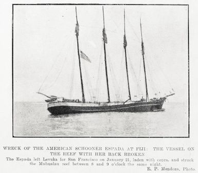 Wreck of the American schooner Espada at Fiji: the vessel on the reef with her back broken