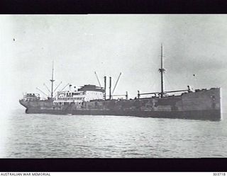 PORT MORESBY, PAPUA. 1942-01-21. STARBOARD SIDE VIEW OF THE SWEDISH CARGO VESSEL NUOLJA. NOTE THE SHIP'S NAME AND NATIONALITY PAINTED PROMINENTLY ON HER SIDE TO INDICATE HER NEUTRAL STATUS. (NAVAL ..