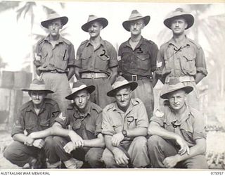 NAGADA, NEW GUINEA. 1944-09-12. SENIOR NON COMMISSIONED OFFICERS OF THE 5TH COMPANY. IDENTIFIED PERSONNEL ARE: NX157317 SERGEANT D.C. BELL (1); WX15531 SERGEANT P.H. MAY (2); NX124393 SERGEANT R.G. ..