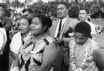 Assembly of the Pacific conference of Churches in Chepenehe, 1966 : representatives of Samoa Islands singing to thank for the show given by the young people of the district