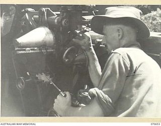 DALLMAN RIVER, NEW GUINEA, 1944-02-23. VX28197 GUNNER WILKINSON, 2/14TH FIELD REGIMENT, ADJUSTS THE DRIFT PLATE SCALE ON A 25-POUNDER GUN