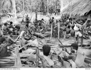 BOUGAINVILLE, 1945-06-07. NATIVES AT THE ANGAU CAMP, MOROKAIMORO, SEWING PALM LEAVES TO BE USED FOR THE CONSTRUCTION OF HUTS TO HOUSE 2/8 COMMANDO SQUADRON AND FOR THE REBUILDING OF NATIVE REFUGEE ..