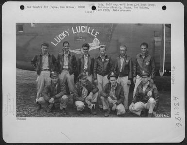 Captain Richard and crew of the 64th Bomb Squadron, 43rd Bomb Group, pose beside the Consolidated B-24 "Lucky Lucille" at Dobodura Airstrip, Papua, New Guinea. (U.S. Air Force Number 72375AC)