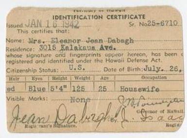 [Identification Certificate of Eleanor Jean Dabagh, January 16, 1942]