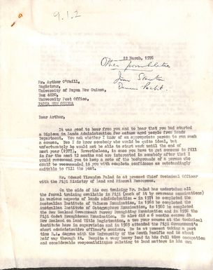 Letter from Ron Crocombe to Arthur O'Neill, Registrar of the University of Papua New Guinea