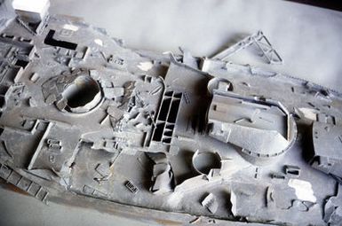 A 1/96th scale model of the wrecked battleship the USS ARIZONA (BB-39) which was sunk during the Japanese attack on Pearl Harbor on December 7, 1941