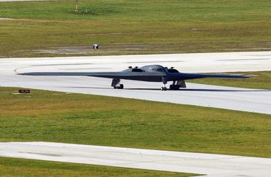 A US Air Force (USAF) B-2 Spirit stealth bomber taxis onto the flightline at Anderson Air Force Base (AFB), Guam (GU), in support of exercise Coronet Bugle 49. The B-2 is deployed to Anderson from Whiteman AFB, Missouri (MO)