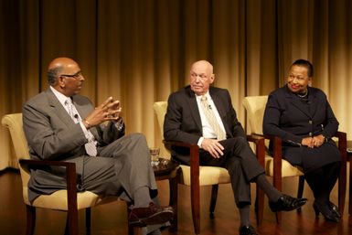 A Path to Equality: The Impact of the Civil Rights Acts of the 1960s; Michael Steele (left), former Chairman of the Republican National Committee and Lieutenant Governor of Maryland; Jim Jones (middle), former Chief of Staff to President Johnson, Congressman, and Ambassador to Mexico; and Carol Moseley Braun (right), former Senator and Ambassador to New Zealand and Samoa