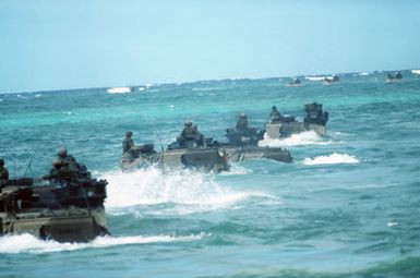 AAVP7A1 amphibious assault vehicles return to ship during the amphibious assault phase of Exercise RIMPAC 88