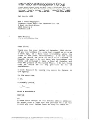 Letter from Mark H. McCormack to Irith Reby-Rappaport