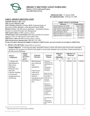 Project Identification Form - The Micronesia Challenge : Sustainable Finance Systems for Island Protected Area Management (Financial Planning)