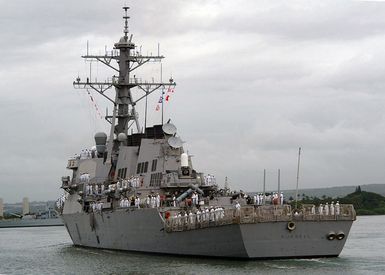 The US Navy (USN) the Arleigh Burke Class Guided-missile Destroyer USS DONALD COOK (DDG 59) departs Pearl Harbor, Hawaii (HI), for a scheduled six-month deployment