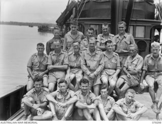 SIPAAI, BOUGAINVILLE ISLAND. 1945-01-08. PERSONNEL OF THE 13TH SMALL SHIPS COMPANY VESSEL, "NEENA". IDENTIFIED PERSONNEL ARE:- NX194693 SAPPER E.T. GRAY (1); NX134809 PRIVATE J. ETCHES (2); ..