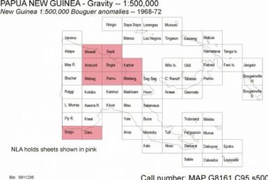 New Guinea 1:500,000 : bouguer anomalies / compiled and drawn in Geophysical Branch, Bureau of Mineral Resources, Geology and Geophysics