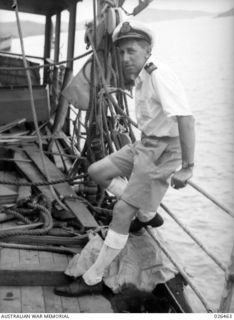 OFF PORT MORESBY, PAPUA. 1942-08-30. CAPTAIN R. DUDDELL, CAPTAIN OF M.V. MALAITA WHICH WAS TORPEDOED BY AN ENEMY SUBMARINE OFF PORT MORESBY. THE TORPEDO ENTERED THE SHIP BELOW THE WATERLINE UNDER ..