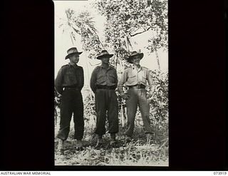 DUMPU, NEW GUINEA. 1944-06-20. OFFICERS OF 11TH DIVISION CARRIER COMPANY. LEFT TO RIGHT: VX53824 LIEUTENANT R. W. STEIN; VX111035 MAJOR A. A. ARMSTRONG AND VX117006 CAPTAIN B. M. B. OGILVIE