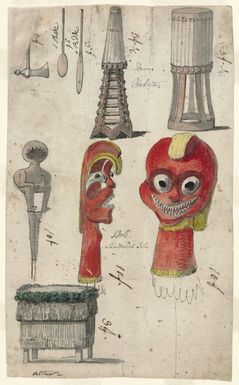 [Webber, John] ca 1751-1793. :Drums Otaheite. Idols Sandwich Isles. Paddles. Altar. [After John Webber by Philippe Jacques de Loutherbourg]