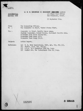 USS GEORGE E BADGER - Rep of ops in the invasion of Angaur Is, Palau Is, 9/12-18/44