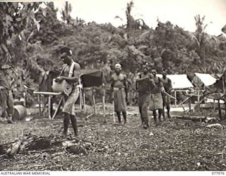 WUNUNG PLANTATION, NEW BRITAIN. 1944-12-30. A NATIVE OILING GANG SETTING OUT FROM THE CAMP OF THE 28TH MALARIA CONTROL UNIT ATTACHED TO THE 5TH DIVISION, FOR THEIR DAYS WORK OF SPRAYING STAGNANT ..