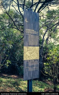 New Caledonia - Jean-Marie Tijbaou Cultural Centre - exterior sign detailing history of Kanak people