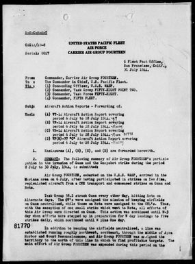 COMAIRGR 14 - Report of Air Operations Conducted during the Invasion of Guam Island, Marianas and Strike on Palau Islands, Period 7/6-28/44